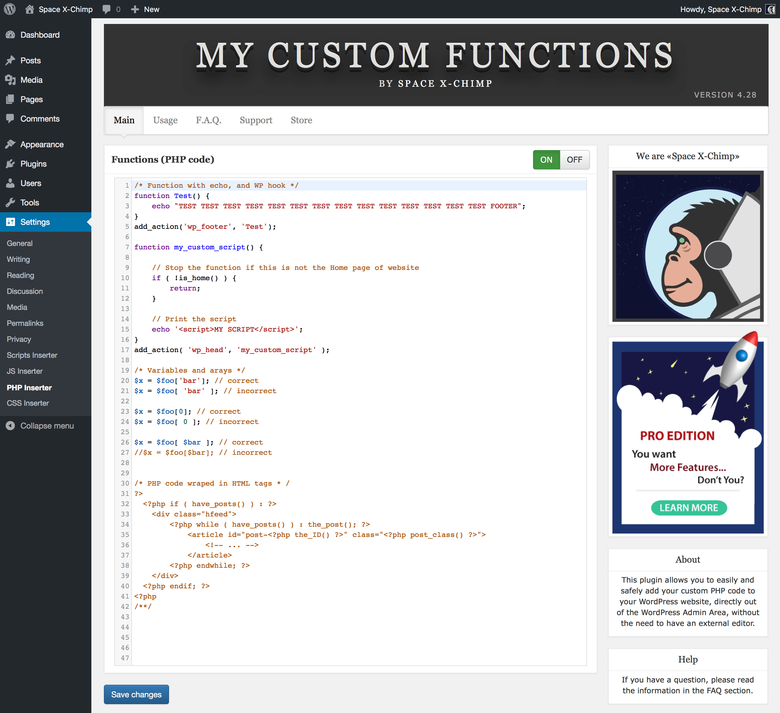 تصویر محیط افزونه My Custom Functions